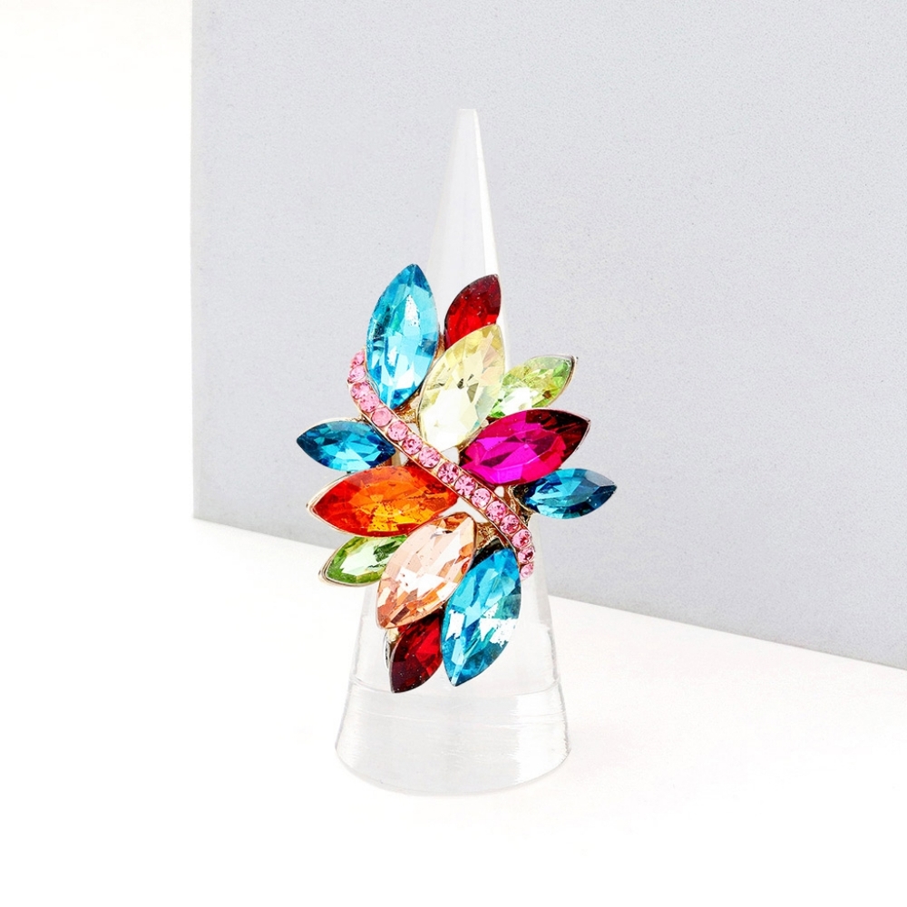 Gold Colorful Crystal Stretch Marquise Fashion Ring Rhinestone Finger Adjustable - Picture 3 of 3